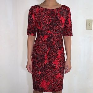 Connected Apparel Red and Black Floral Printed Design Midi Dress Size 8 Petite